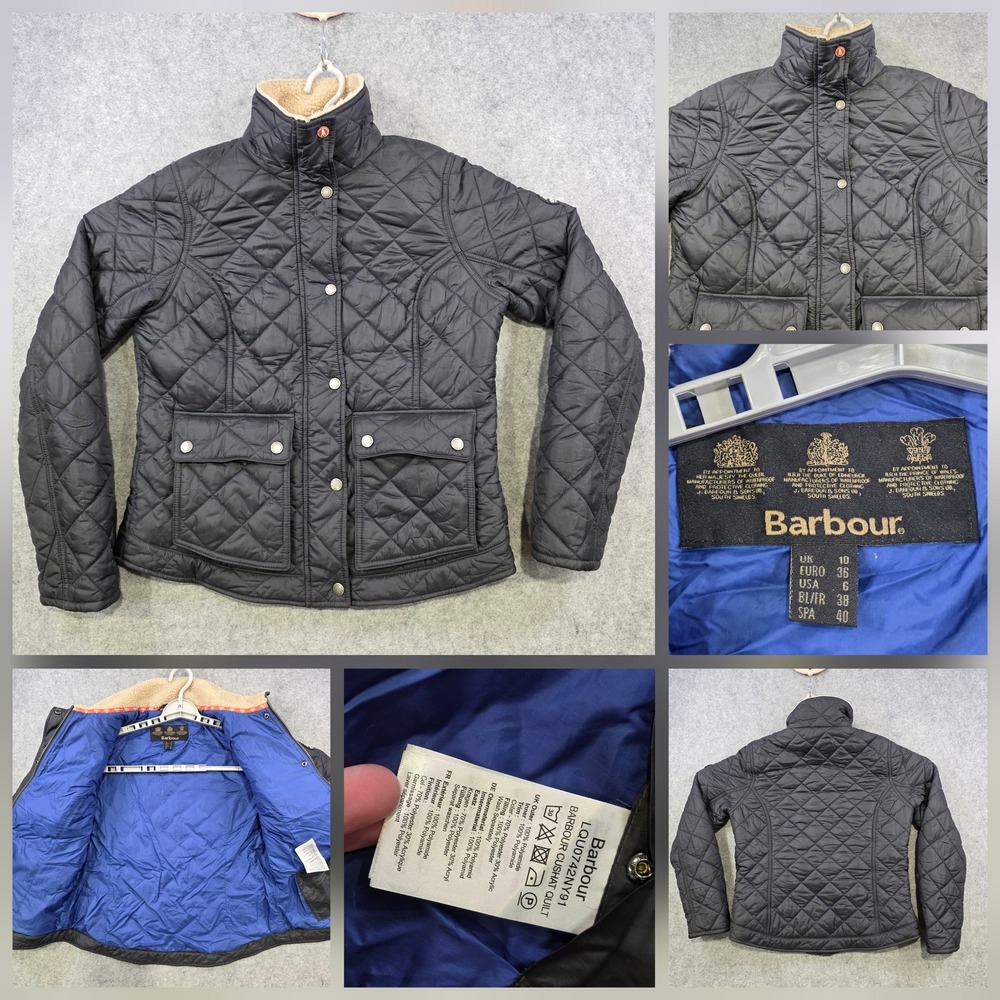 Barbour Cushat Quilt Jacket Womens 6 Blue Quilted Full Zip Padded Fleece Collar